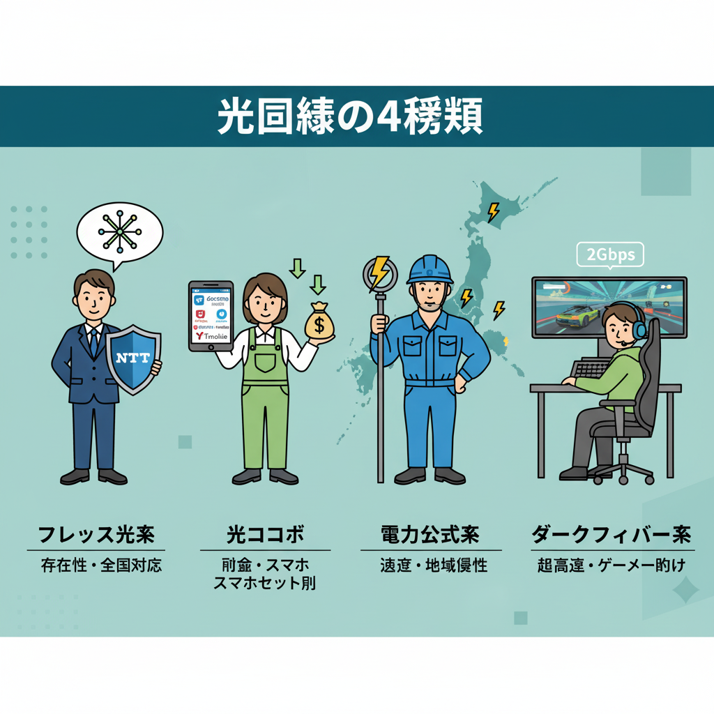光回線は4種類だけ！フレッツ光、光コラボ、電力系、ダークファイバーの違いを速度・料金・安定性で徹底比較。あなたに最適なおすすめ光回線を失敗せずに選ぶための完全ガイドです。