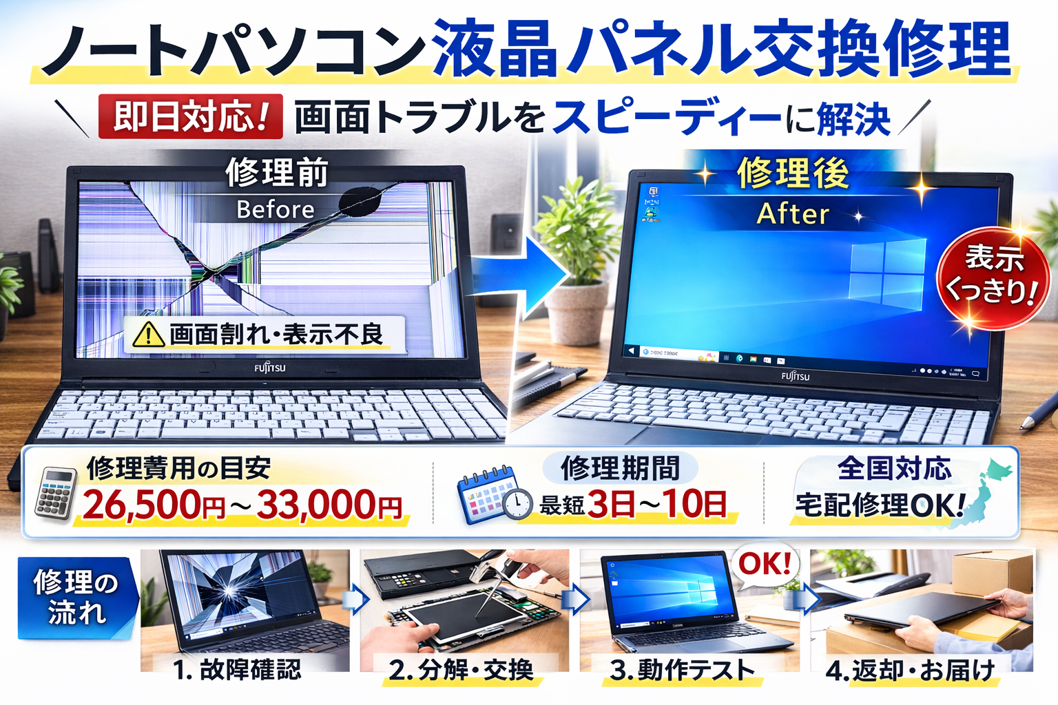 富士通LIFEBOOKの液晶修理レポート。当日急行・3日で納品したスピード
