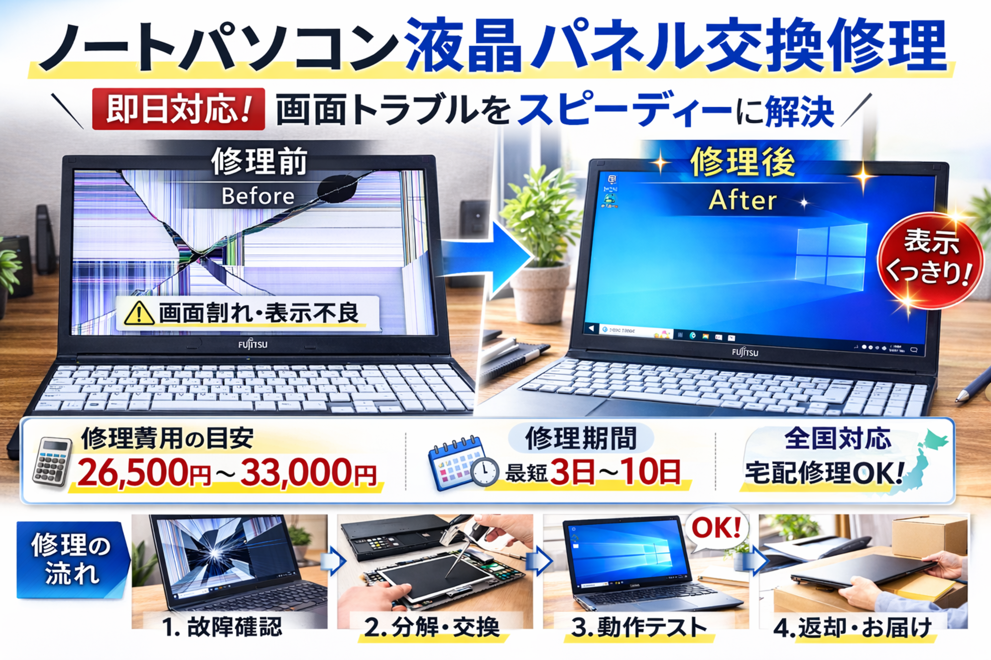ノートパソコン液晶パネル交換修理を26,500円から33,000円の費用でさせて頂き、修理期間は、3日～10日でとなります。全国対応、宅配修理お任せ下さい。