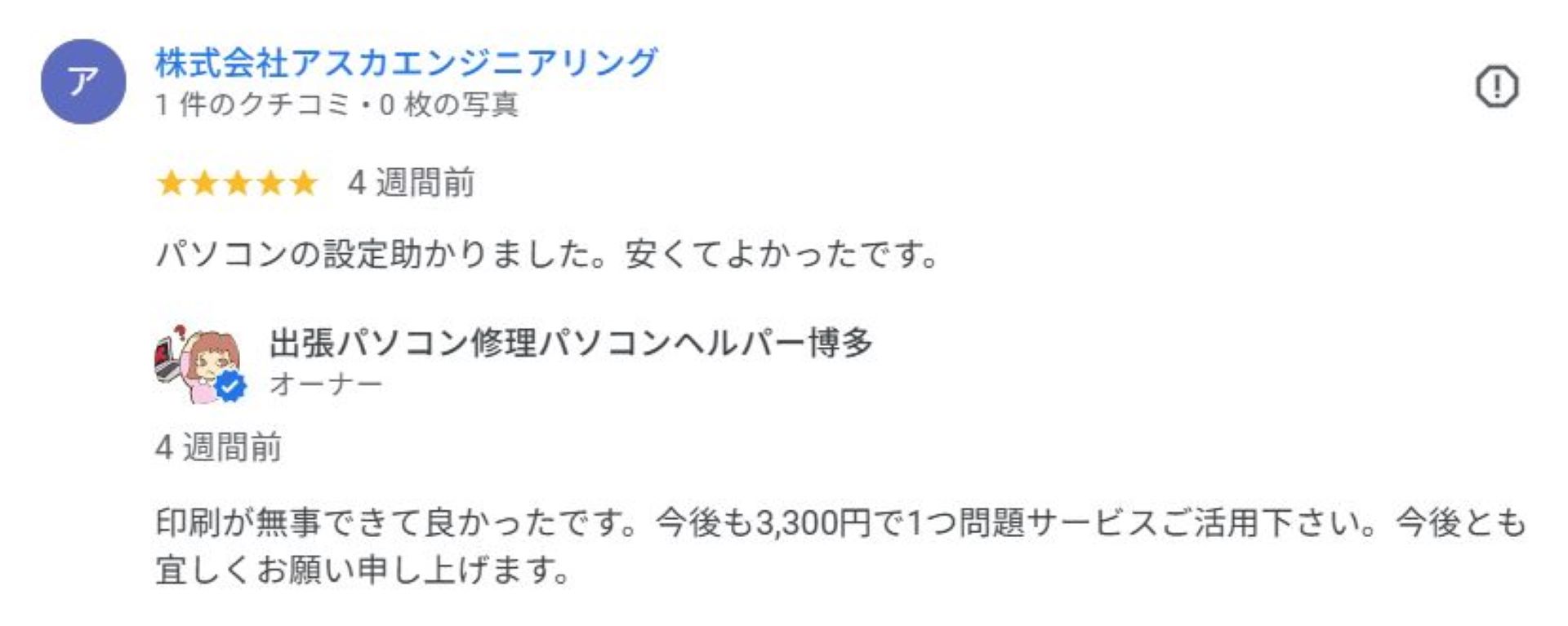 お客様から頂いた評価